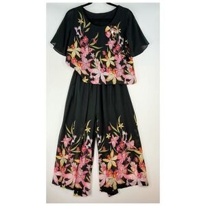 Floral Top & Culotte Set Size S Black Pull On Pockets Tropical Resort Vacation